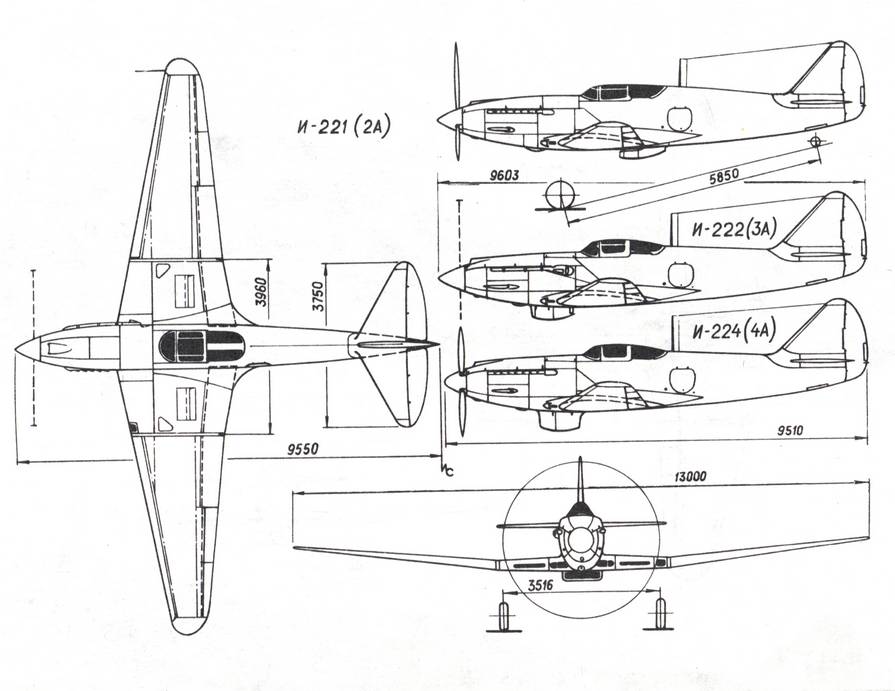 Общий вид и размеры высотного перехватчика И-221 («самолет 2А», МиГ-7 первый с таким обозначением), а также боковые проекции самолетов, сделанных на его базе с такой же аэродинамикой крыла